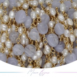Brass Chain in Gold with Pearls and Irregular Chalcedony