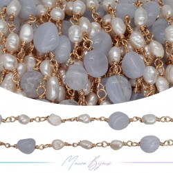 Brass Chain in Rose Gold with Pearls and Irregular Chalcedony