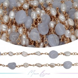 Catena in Ottone Base Oro Rosa con Perle di Fiume e Calcedonio irregolari