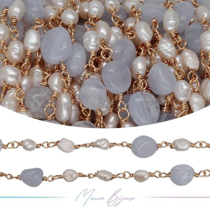 Brass Chain in Rose Gold with Pearls and Irregular Chalcedony