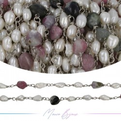 Brass Chain in Silver with Pearls and Irregular Toumarline