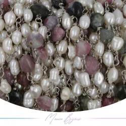 Catena in Ottone Base Argento con Perle di Fiume e Tormalina irregolari
