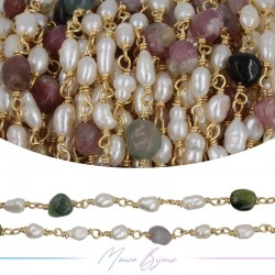 Brass Chain in Gold with Pearls and Irregular Toumarline