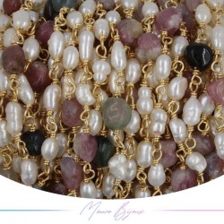 Catena in Ottone Base Oro con Perle di Fiume e Tormalina irregolari