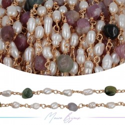 Catena in Ottone Base Oro Rosa con Perle di Fiume e Tormalina irregolari