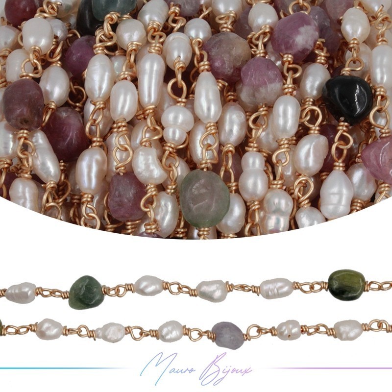Catena in Ottone Base Oro Rosa con Perle di Fiume e Tormalina irregolari