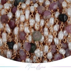 Catena in Ottone Base Oro Rosa con Perle di Fiume e Tormalina irregolari
