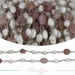 Brass Chain in Silver with Pearls and Irregular Strawberry Quartz