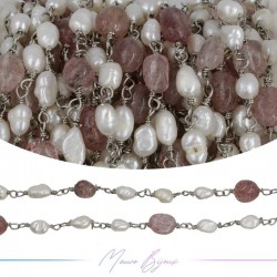Catena in Ottone Base Argento con Perle di Fiume e Quarzo Fragola irregolari