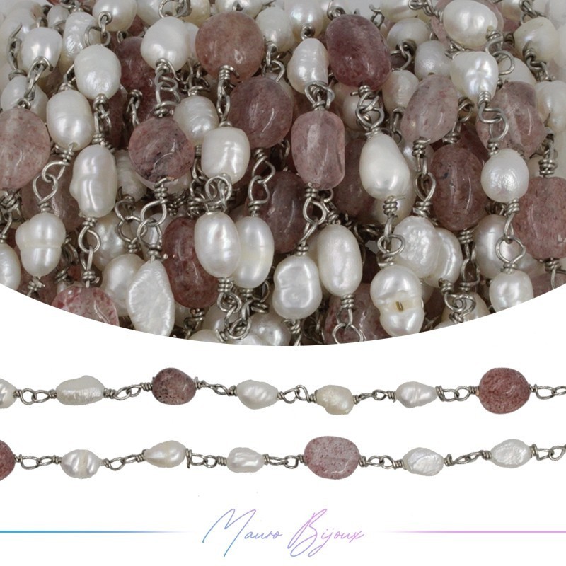 Catena in Ottone Base Argento con Perle di Fiume e Quarzo Fragola irregolari