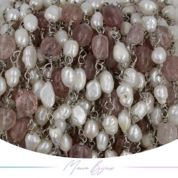 Brass Chain in Silver with Pearls and Irregular Strawberry Quartz