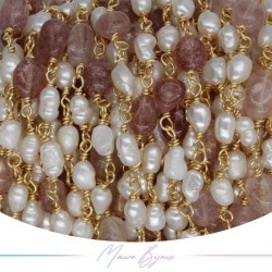 Brass Chain in Gold with Pearls and Irregular Strawberry Quartz