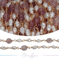 Brass Chain in Rose Gold with Pearls and Irregular Strawberry Quartz