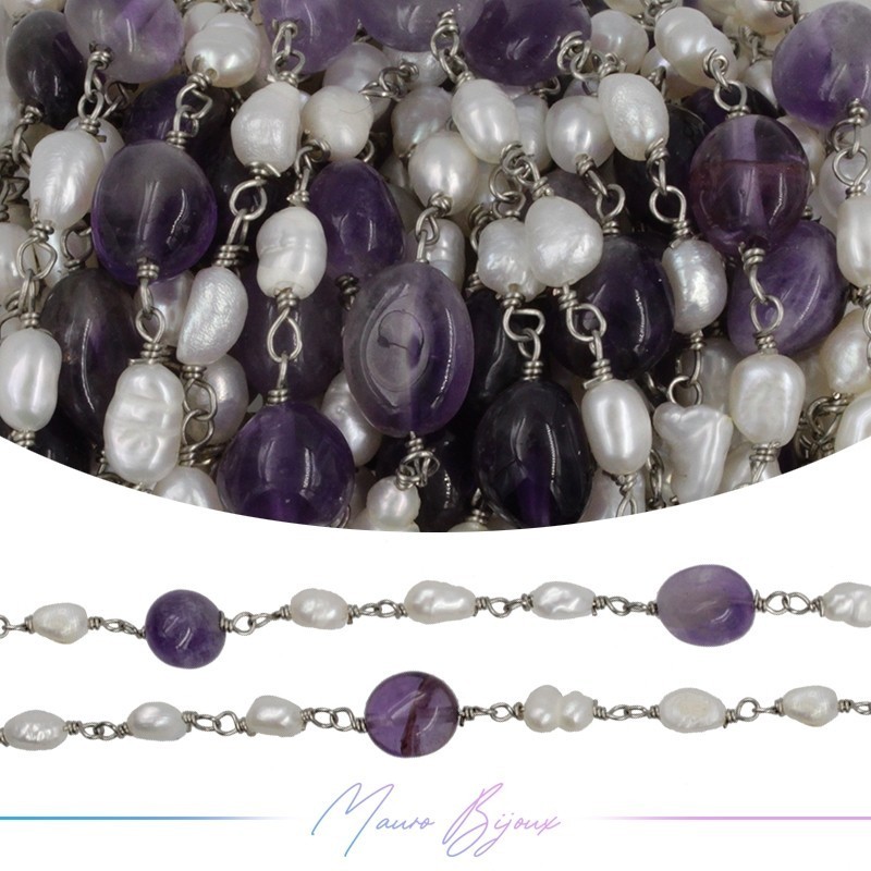 Catena in Ottone Base Argento con Perle di Fiume e Ametista irregolari