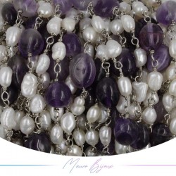 Brass Chain in Silver with Pearls and Irregular Ametist