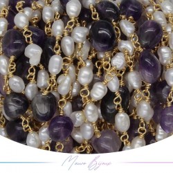 Brass Chain in Gold with Pearls and Irregular Ametist