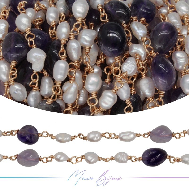 Brass Chain in Rose Gold with Pearls and Irregular Ametist