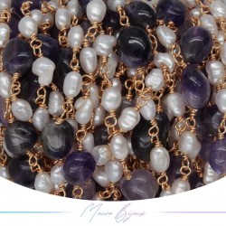 Brass Chain in Rose Gold with Pearls and Irregular Ametist
