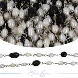 Brass Chain in Silver with Pearls and Irregular Onice
