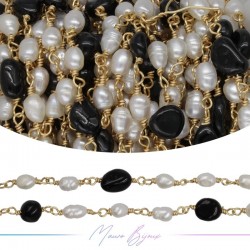 Brass Chain in Gold with Pearls and Irregular Onice