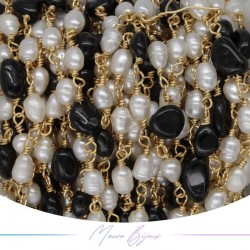 Brass Chain in Gold with Pearls and Irregular Onice