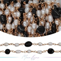 Catena in Ottone Base Oro Rosa con Perle di Fiume e Onice irregolari
