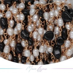 Catena in Ottone Base Oro Rosa con Perle di Fiume e Onice irregolari