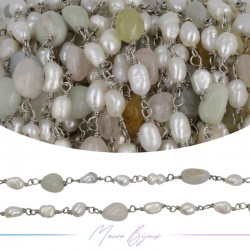 Brass Chain in Silver with Pearls and Irregular Quarzt Multicolour