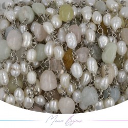 Catena in Ottone Base Argento con Perle di Fiume e Quarzo Multicolore irregolari