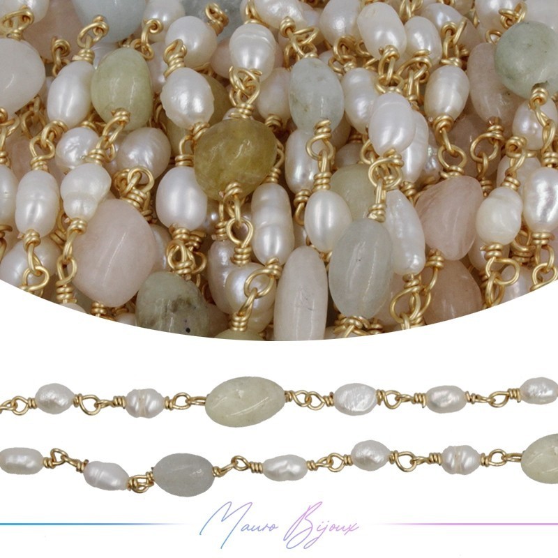 Brass Chain in Gold with Pearls and Irregular Quarzt Multicolour