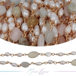 Brass Chain in Rose Gold with Pearls and Irregular Quarzt Multicolour