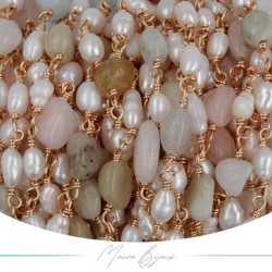 Brass Chain in Rose Gold with Pearls and Irregular Quarzt Multicolour