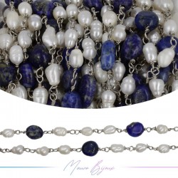 Brass Chain in Silver with Pearls and Irregular Lapis lazuli