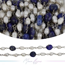 Catena in Ottone Base Argento con Perle di Fiume e Lapislazzuli irregolari