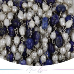 Catena in Ottone Base Argento con Perle di Fiume e Lapislazzuli irregolari