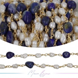 Brass Chain in Gold with Pearls and Irregular Lapis lazuli