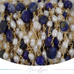 Brass Chain in Gold with Pearls and Irregular Lapis lazuli