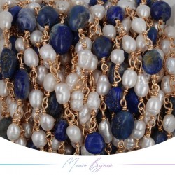 Brass Chain in Rose Gold with Pearls and Irregular Lapis lazuli