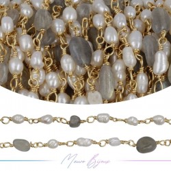 Brass Chain in Gold with Pearls and Irregular Labradorite