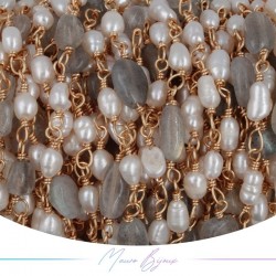 Catena in Ottone Base Oro Rosa con Perle di Fiume e Labradorite irregolari