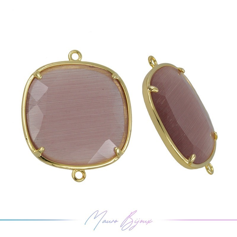 Cindolo Occhio di Gatto Bordo Oro Quadrato 30.5x25.5mm Doppio Anello Rosa Antico