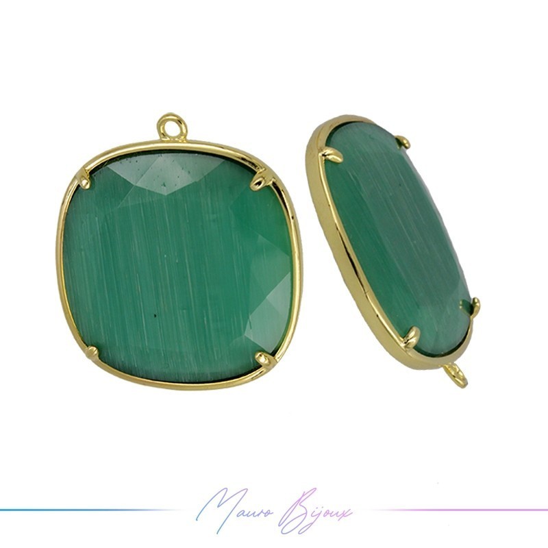 Cindolo Occhio di Gatto Bordo Oro Quadrato 28x25mm Singolo Anello Verde