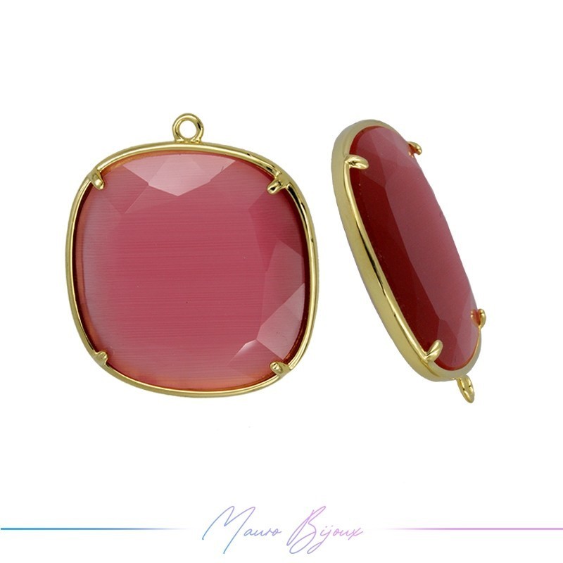 Cindolo Occhio di Gatto Bordo Oro Quadrato 28x25mm Singolo Anello Fucsia
