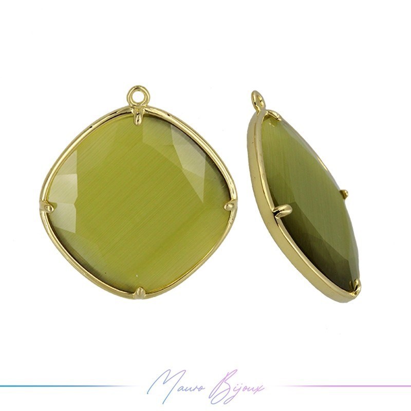 Cindolo Occhio di Gatto Bordo Oro Rombo 30x27mm Singolo Anello Verde Oliva