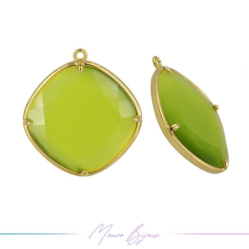 Cindolo Occhio di Gatto Bordo Oro Rombo 30x27mm Singolo Anello Verde Acido