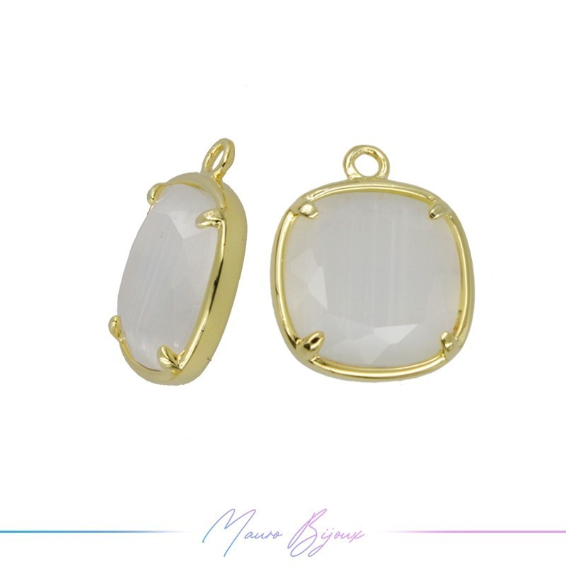 Cindolo Occhio di Gatto Bordo Oro Quadrato 17x14mm Singolo Anello Bianco Ghiaccio