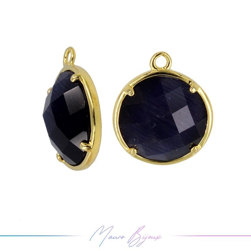 Charms CatsEye Gold Round 16x14mm Single Hook Dark Blue