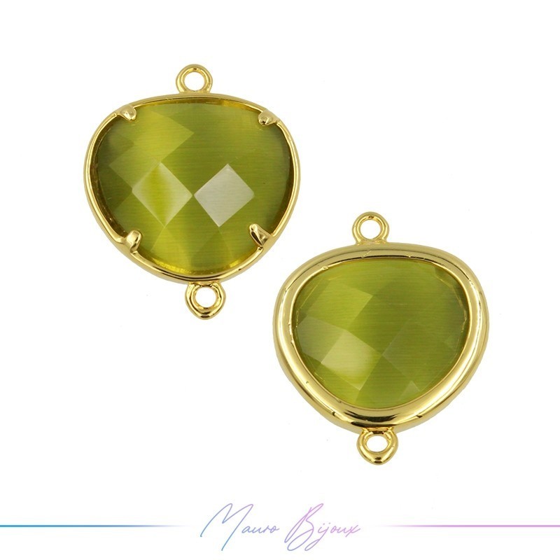 Cindolo Occhio di Gatto Bordo Oro Goccia 15x19mm Doppio Anello Verde Oliva