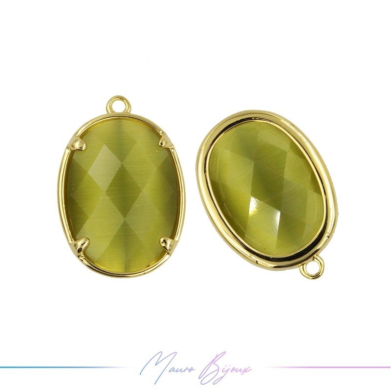 Cindolo Occhio di Gatto Bordo Oro Ovale 15x22mm Singolo Anello Verde Oliva