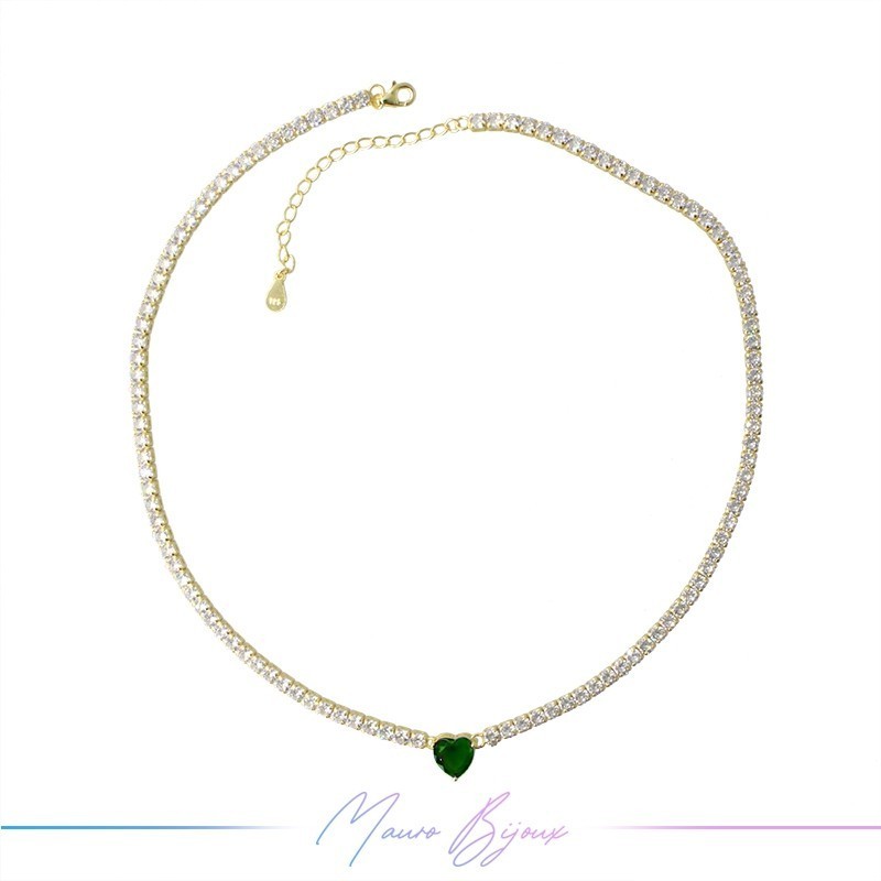 Necklace Silver 925 Gold with Green Stone